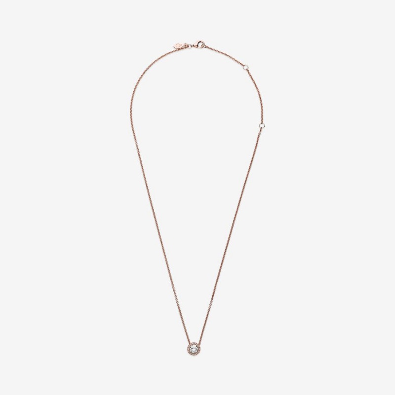 Pandora Round Sparkle Halo Chain Necklaces Rose Gold Plated | 7108-TXUNA