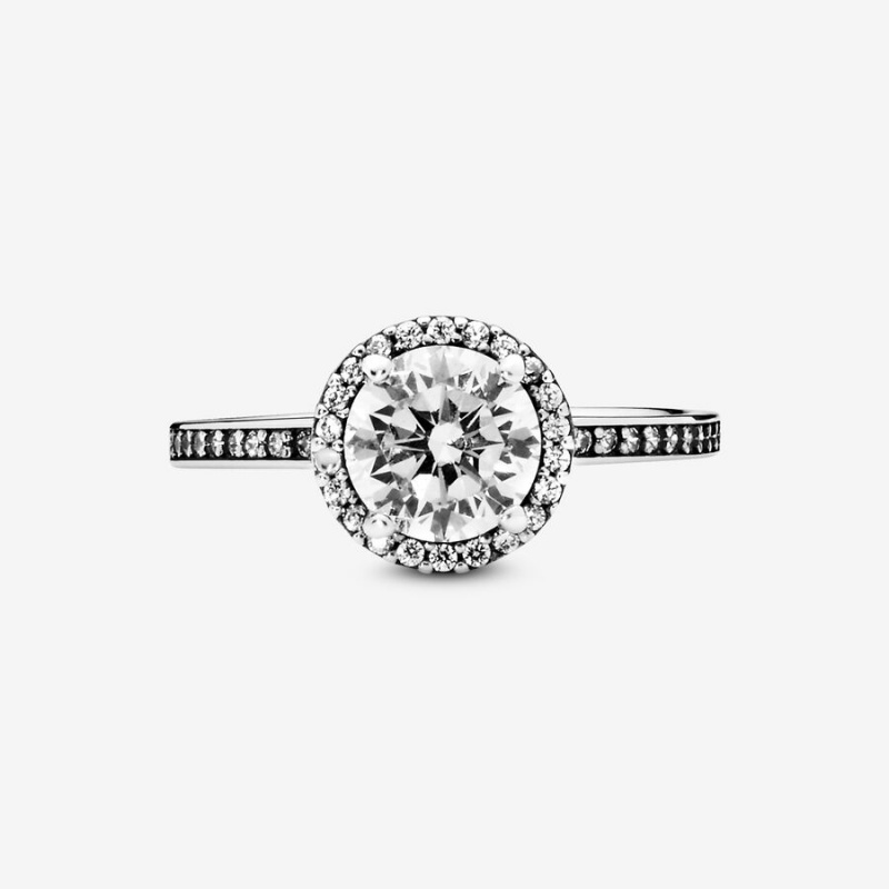 Pandora Round Sparkle Halo Halo & Solitaire Rings Sterling Silver | 3645-BWHVN