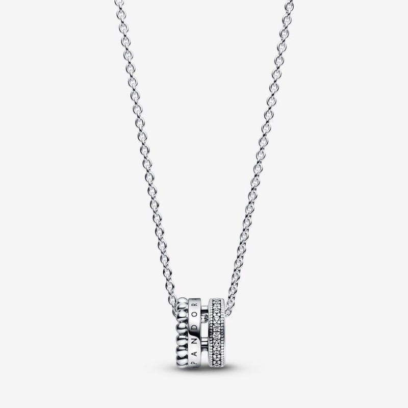 Pandora Signature Logo Pavé & Beads Pendant Necklaces Sterling Silver | 4518-XFSBT