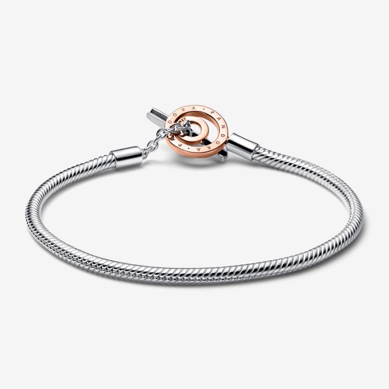 Pandora Signature Two-tone Logo T-Bar Snake Charm Bracelets Two-tone | 9152-PQDLW