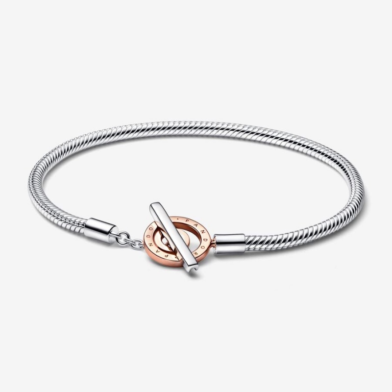 Pandora Signature Two-tone Logo T-Bar Snake Charm Bracelets Two-tone | 9152-PQDLW