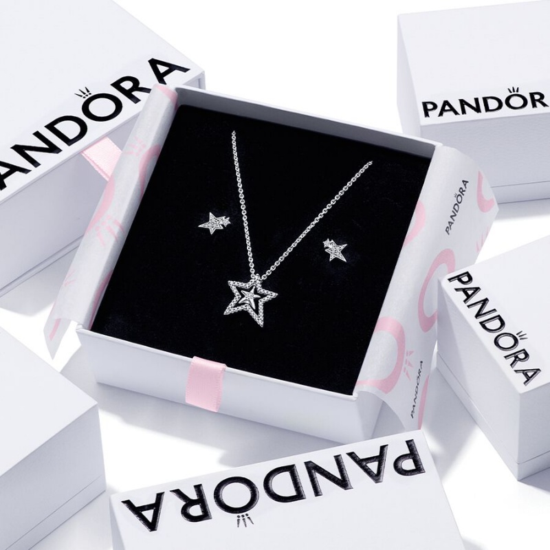 Pandora Sparkling Asymetric Star Jewelry Gift Set Pendant Necklaces Sterling Silver | 0897-NCSOK