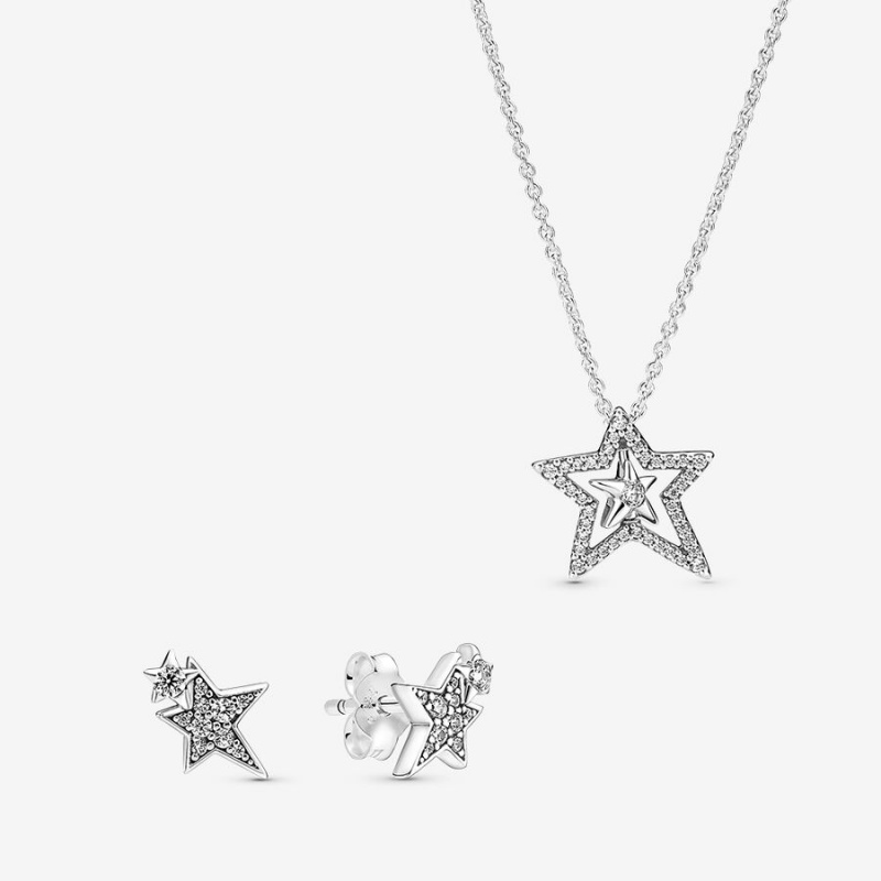 Pandora Sparkling Asymetric Star Jewelry Gift Set Pendant Necklaces Sterling Silver | 0897-NCSOK