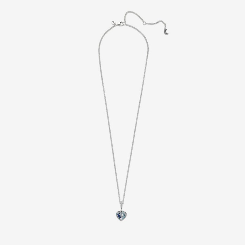 Pandora Sparkling Blue Moon & Stars Heart Pendant Necklaces Sterling Silver | 1460-GMQJK