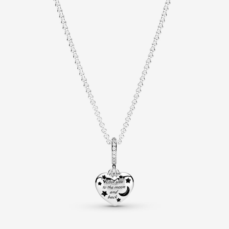 Pandora Sparkling Blue Moon & Stars Heart Pendant Necklaces Sterling Silver | 1460-GMQJK