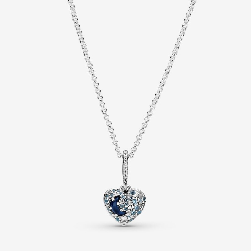 Pandora Sparkling Blue Moon & Stars Heart Pendant Necklaces Sterling Silver | 1460-GMQJK