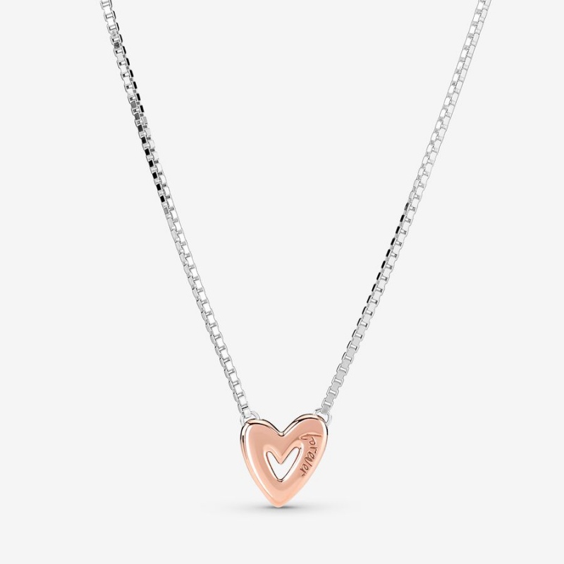 Pandora Sparkling Freehand Heart Pendant Necklaces Two-tone | 4502-KCWXE