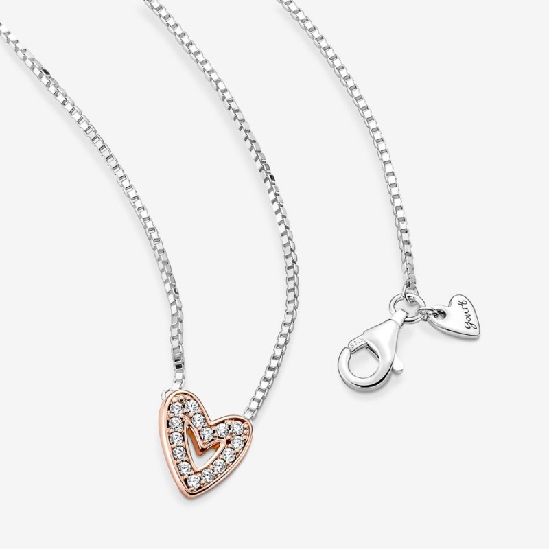 Pandora Sparkling Freehand Heart Pendant Necklaces Two-tone | 4502-KCWXE