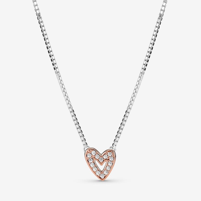 Pandora Sparkling Freehand Heart Pendant Necklaces Two-tone | 4502-KCWXE