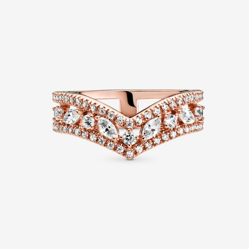 Pandora Sparkling Marquise Double Wishbone Statement Rings Rose Gold Plated | 2150-DKGMH