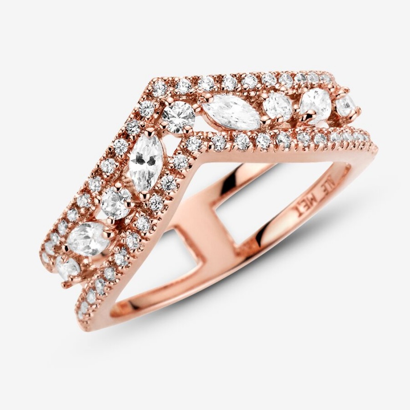 Pandora Sparkling Marquise Double Wishbone Statement Rings Rose Gold Plated | 2150-DKGMH