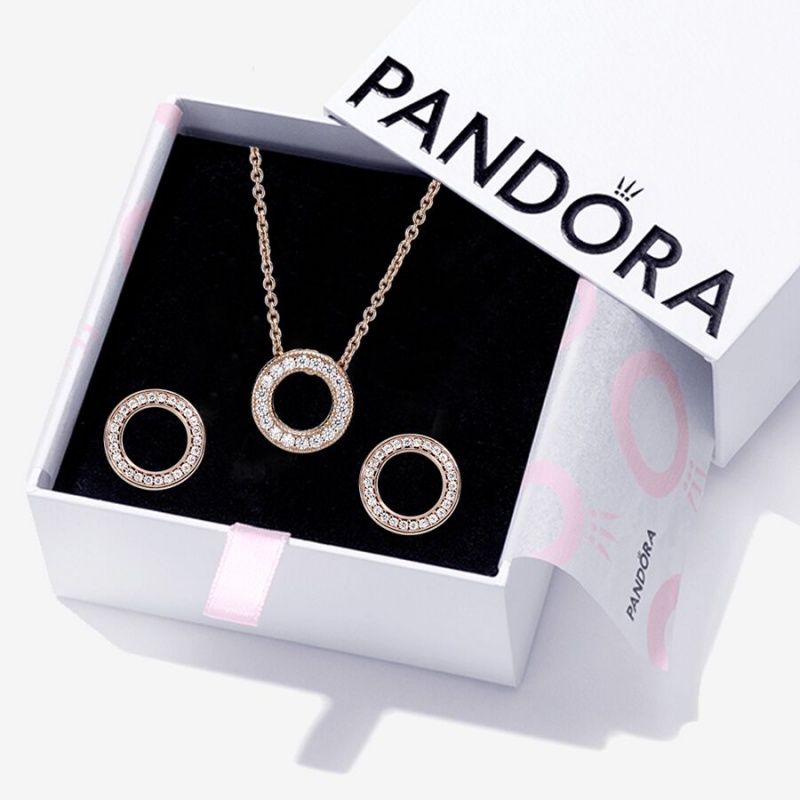 Pandora Sparkling Pave Circle Jewelry Gift Set Necklace & Earring Sets Rose Gold Plated | 7604-NEFHS