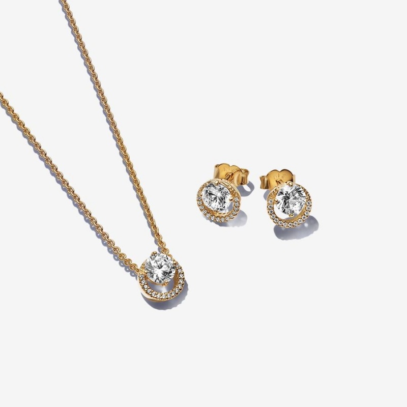 Pandora Sparkling Round Halo Jewelry Gift Set Necklace & Earring Sets Gold | 6527-QMUNS