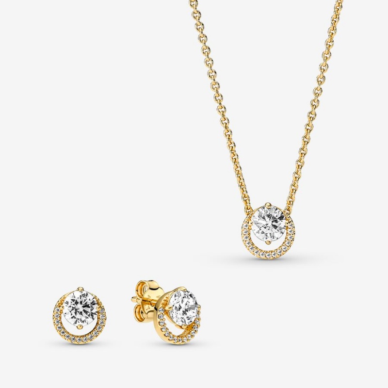 Pandora Sparkling Round Halo Jewelry Gift Set Necklace & Earring Sets Gold | 6527-QMUNS