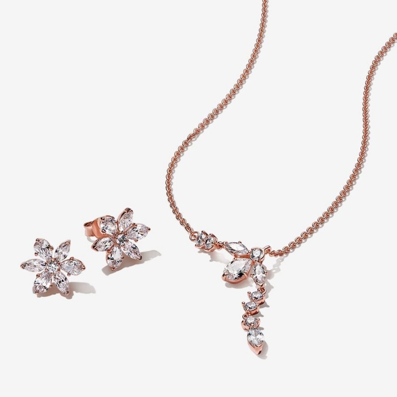 Pandora Sparkling Snowflake Jewelry Gift Set Necklace & Earring Sets Rose Gold Plated | 1895-BPNXS