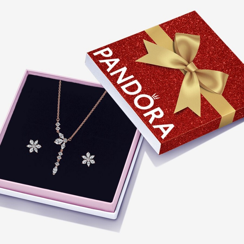 Pandora Sparkling Snowflake Jewelry Gift Set Necklace & Earring Sets Rose Gold Plated | 1895-BPNXS