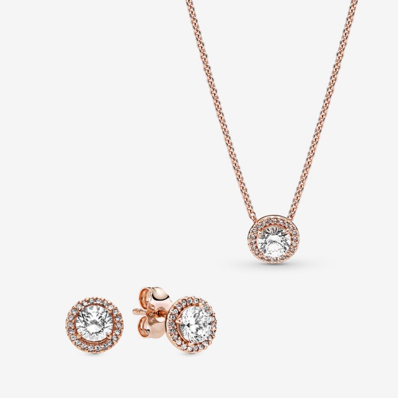 Pandora Sparkling Statement Halo Jewelry Gift Set Necklace & Earring Sets Rose Gold Plated | 7149-UPMQD