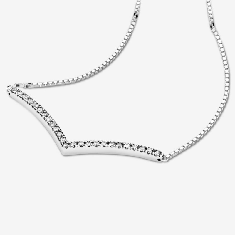 Pandora Sparkling Wishbone Pendant Necklaces Sterling Silver | 5208-UDBEK