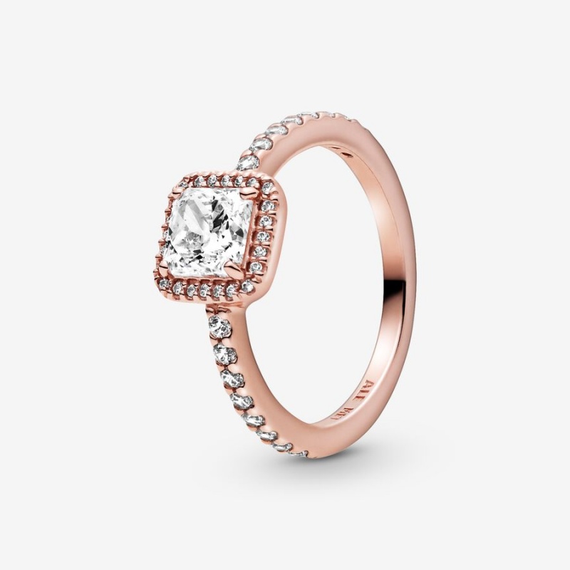 Pandora Square Sparkle Halo Halo & Solitaire Rings Rose Gold Plated | 6204-OUEQV