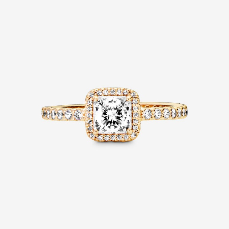 Pandora Square Sparkle Halo Halo & Solitaire Rings Gold | 3296-NUBZA