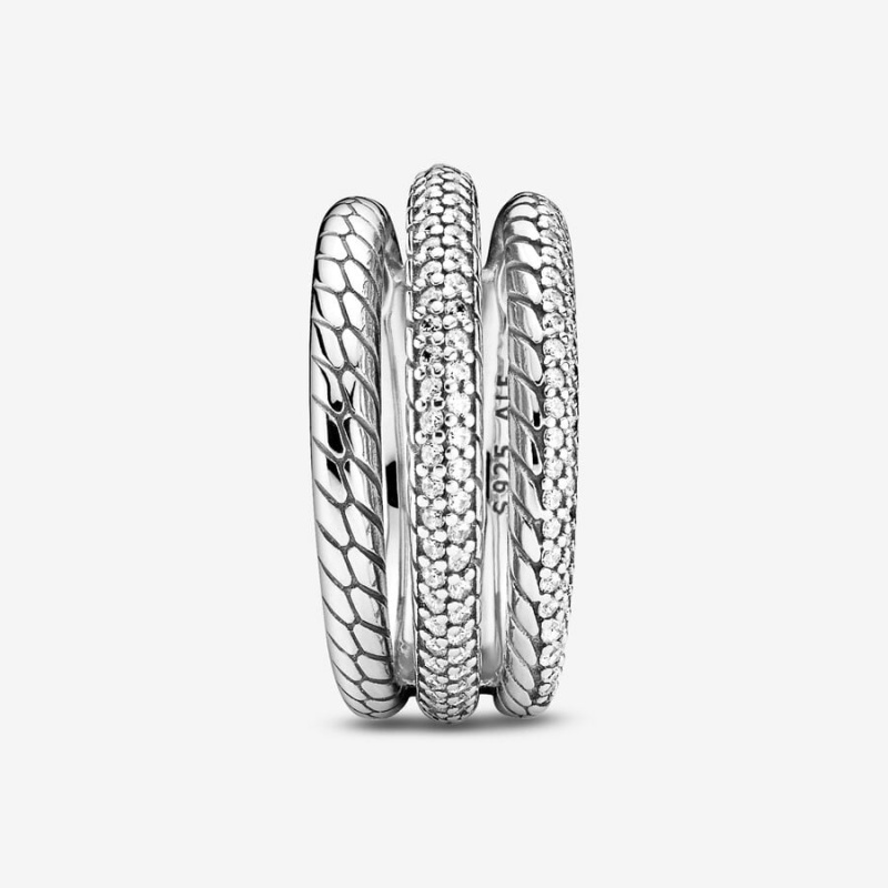 Pandora Triple Band Pavé Snake Chain Pattern Statement Rings Sterling Silver | 9324-BLPTC