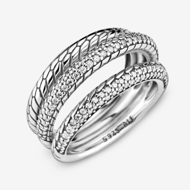 Pandora Triple Band Pavé Snake Chain Pattern Statement Rings Sterling Silver | 9324-BLPTC