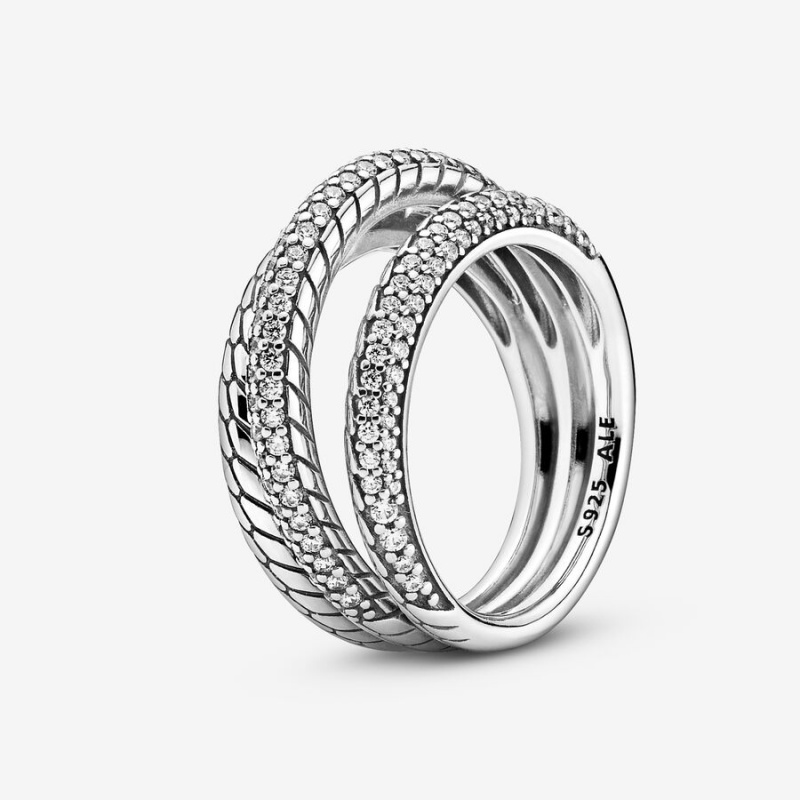 Pandora Triple Band Pavé Snake Chain Pattern Statement Rings Sterling Silver | 9324-BLPTC