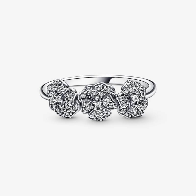 Pandora Triple Pansy Flower Statement Rings Sterling Silver | 8735-NMVLO